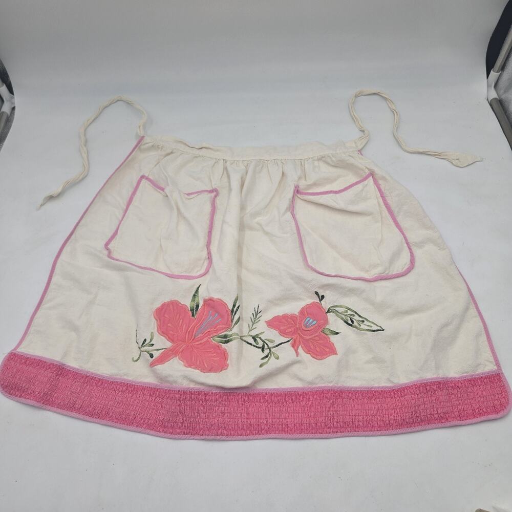 Vintage Handmade Embroidery Floral Pink Cotton Half Apron One Size 1940-1950s